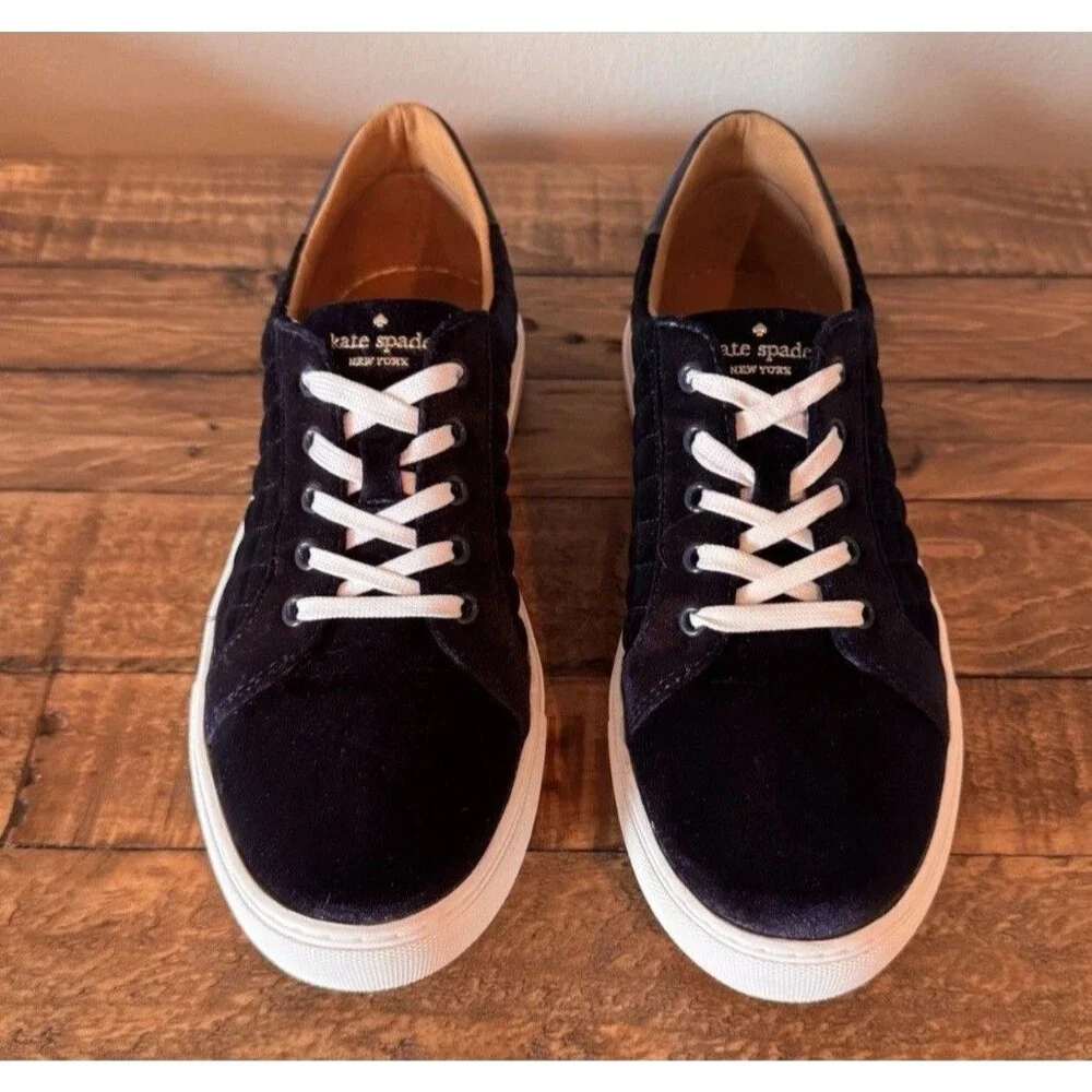 Woman’s Shoe Kate Spade Navy Blue Velvet Size 7.5 Style Fleet,Gold Embellishment